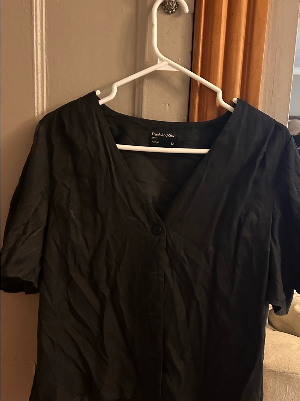 Frank & Oak Black V-Neck Button Front Blouse